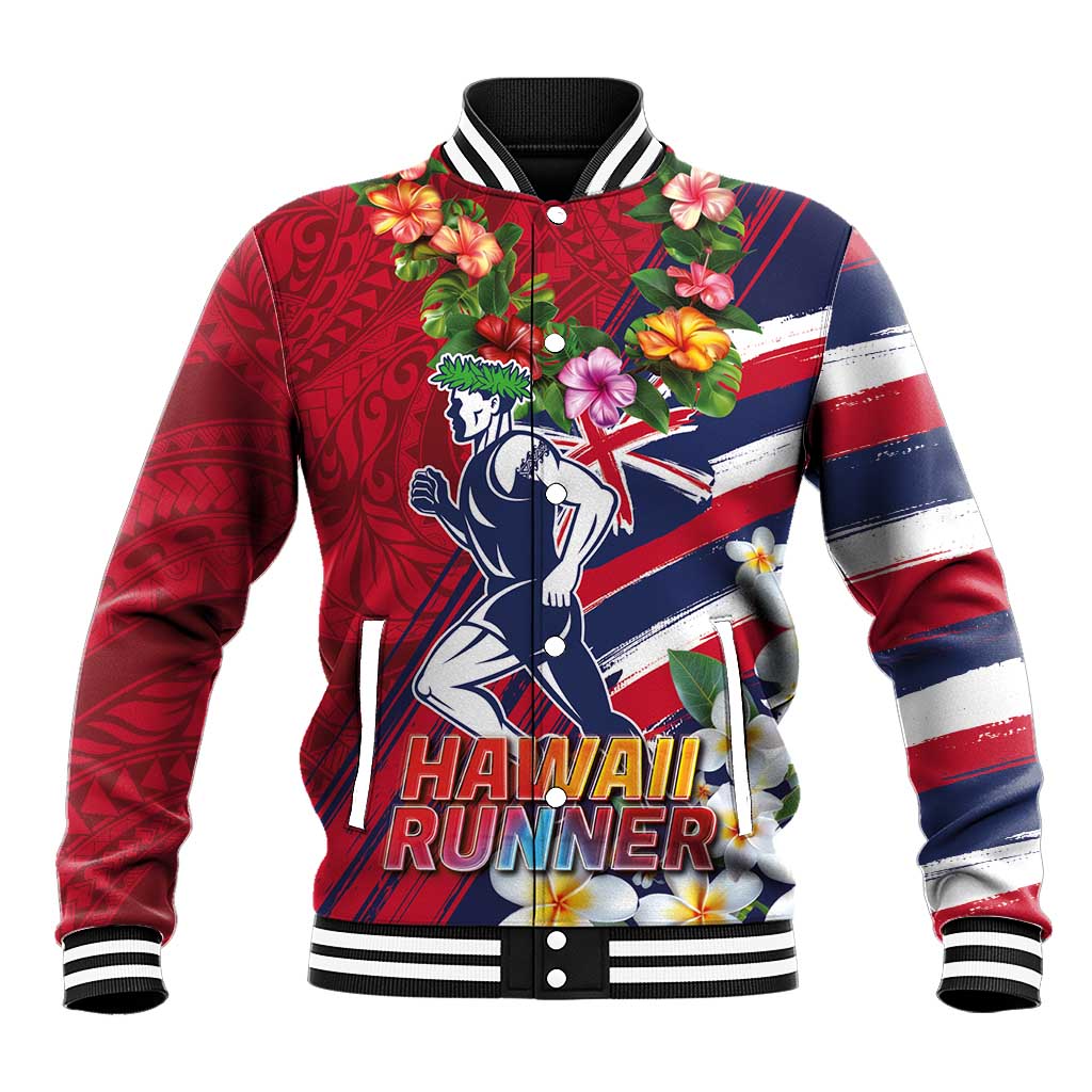 Hawaii Runner-Kakau Art with Lei and Plumeria Baseball Jacket LT03 Unisex Red-Blue - Polynesian Pride