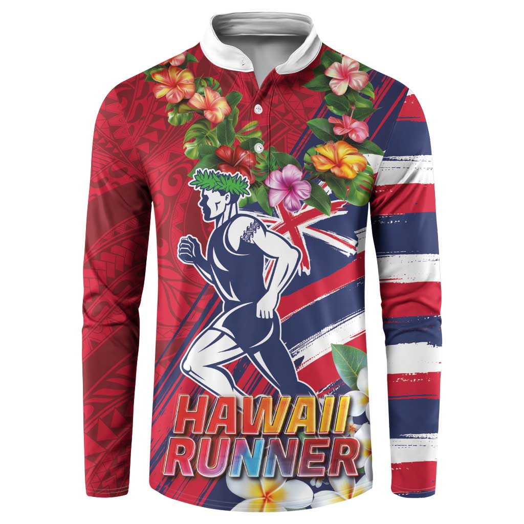 Hawaii Runner-Kakau Art with Lei and Plumeria Button Sweatshirt LT03 Red-Blue - Polynesian Pride