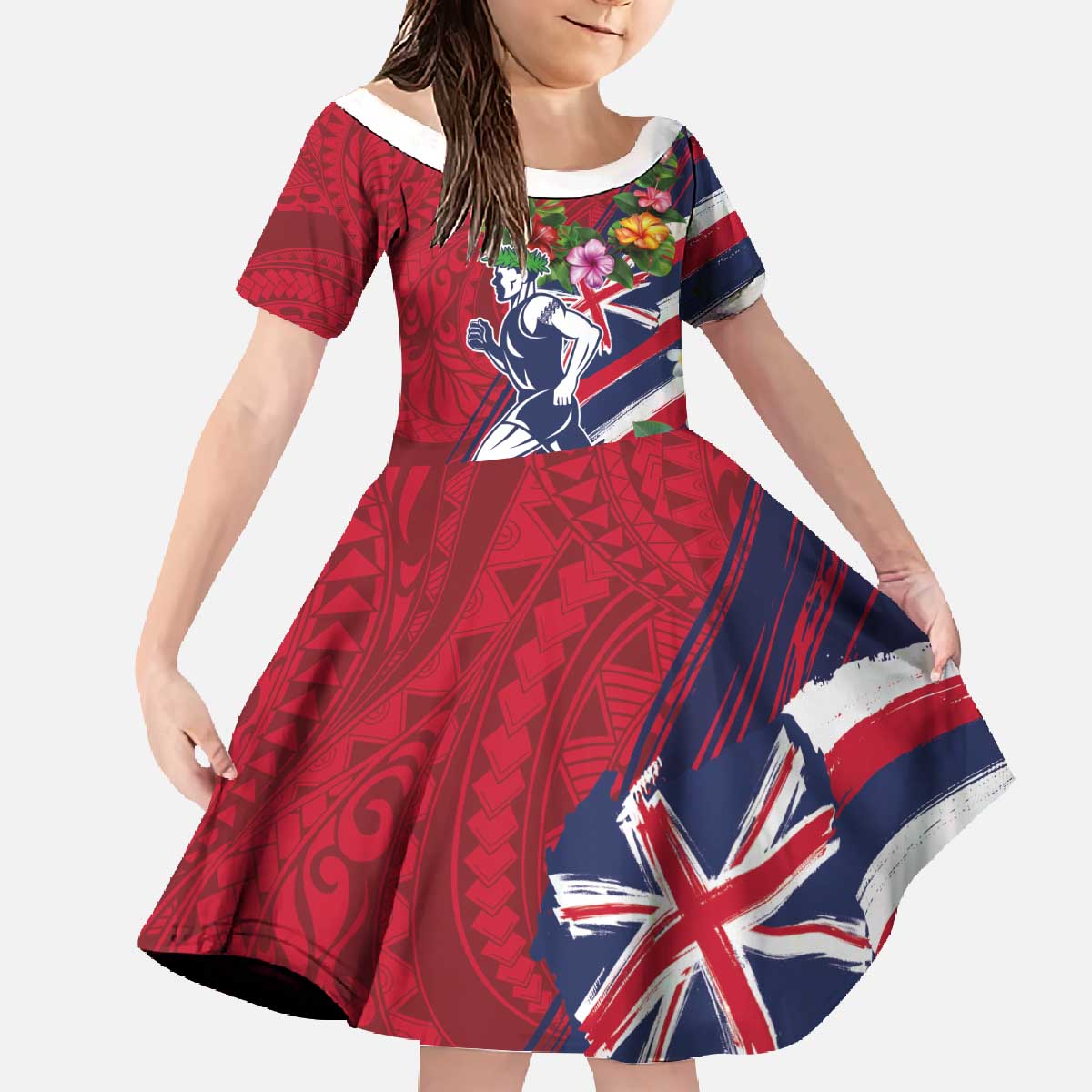 Hawaii Runner-Kakau Art with Lei and Plumeria Family Matching Off The Shoulder Long Sleeve Dress and Hawaiian Shirt