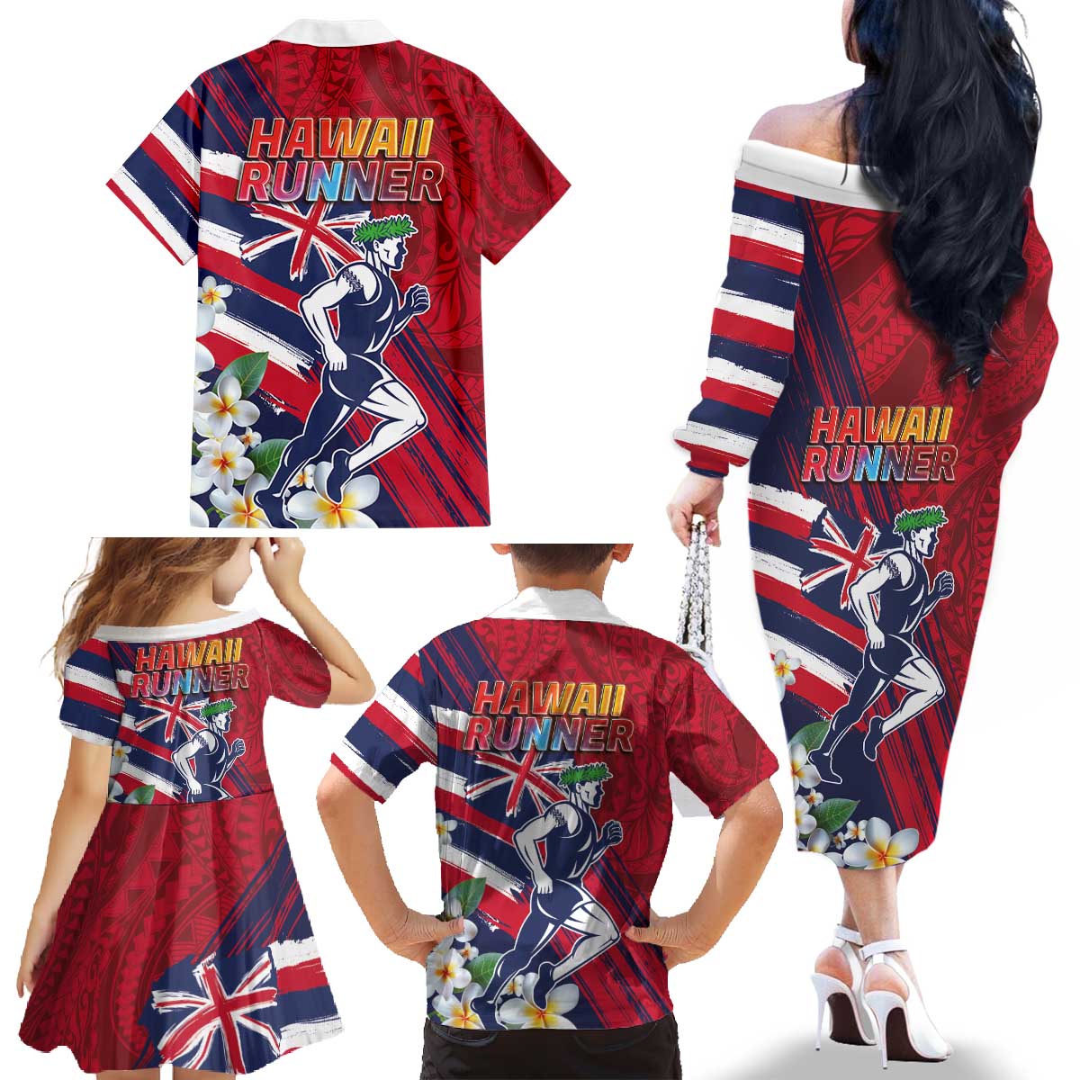 Hawaii Runner-Kakau Art with Lei and Plumeria Family Matching Off The Shoulder Long Sleeve Dress and Hawaiian Shirt