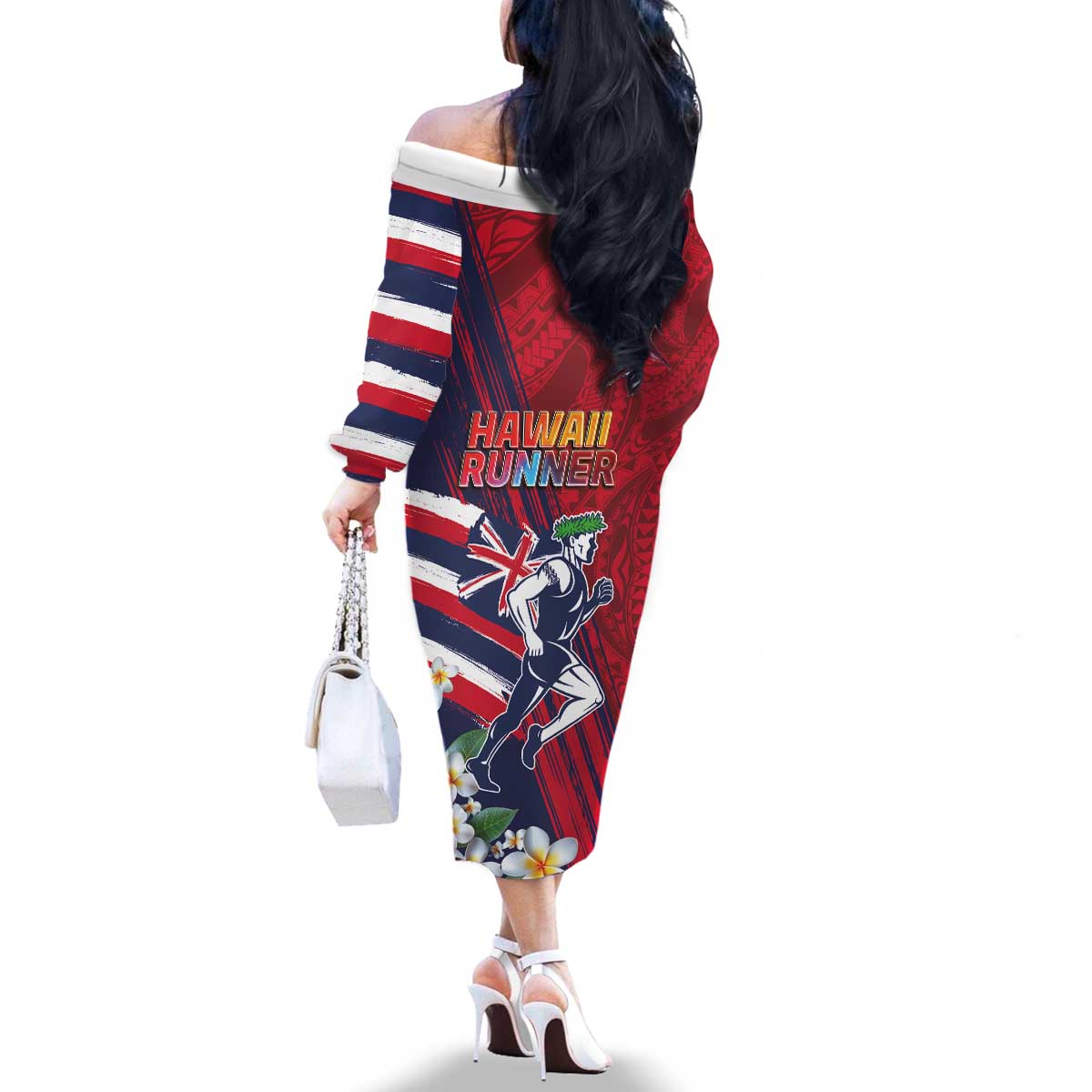 Hawaii Runner-Kakau Art with Lei and Plumeria Family Matching Off The Shoulder Long Sleeve Dress and Hawaiian Shirt