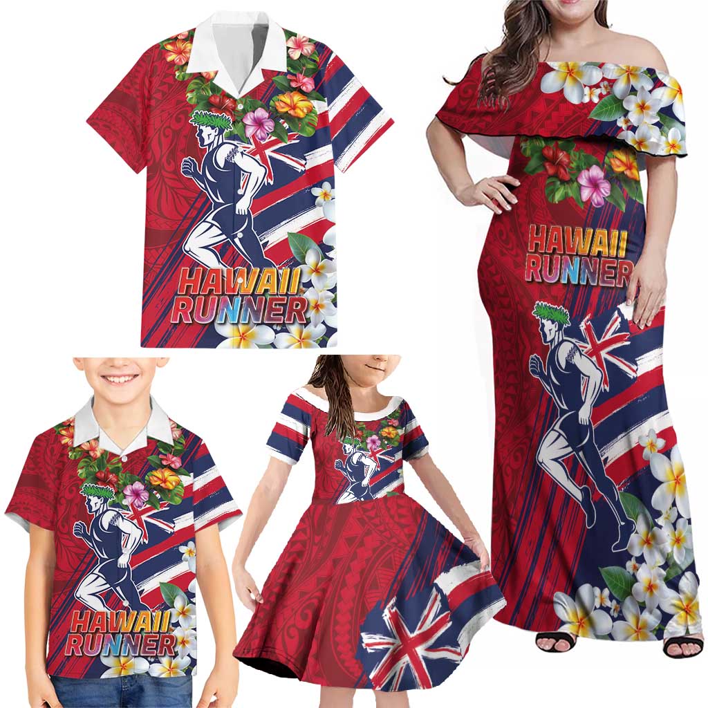 Hawaii Runner-Kakau Art with Lei and Plumeria Family Matching Off Shoulder Maxi Dress and Hawaiian Shirt