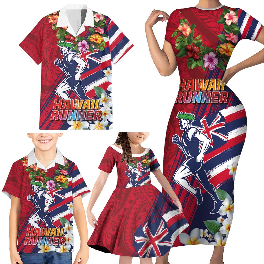 Hawaii Runner-Kakau Art with Lei and Plumeria Family Matching Short Sleeve Bodycon Dress and Hawaiian Shirt