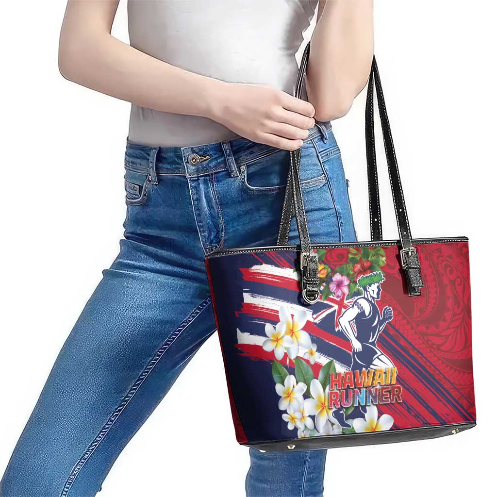 Hawaii Runner-Kakau Art with Lei and Plumeria Leather Tote Bag