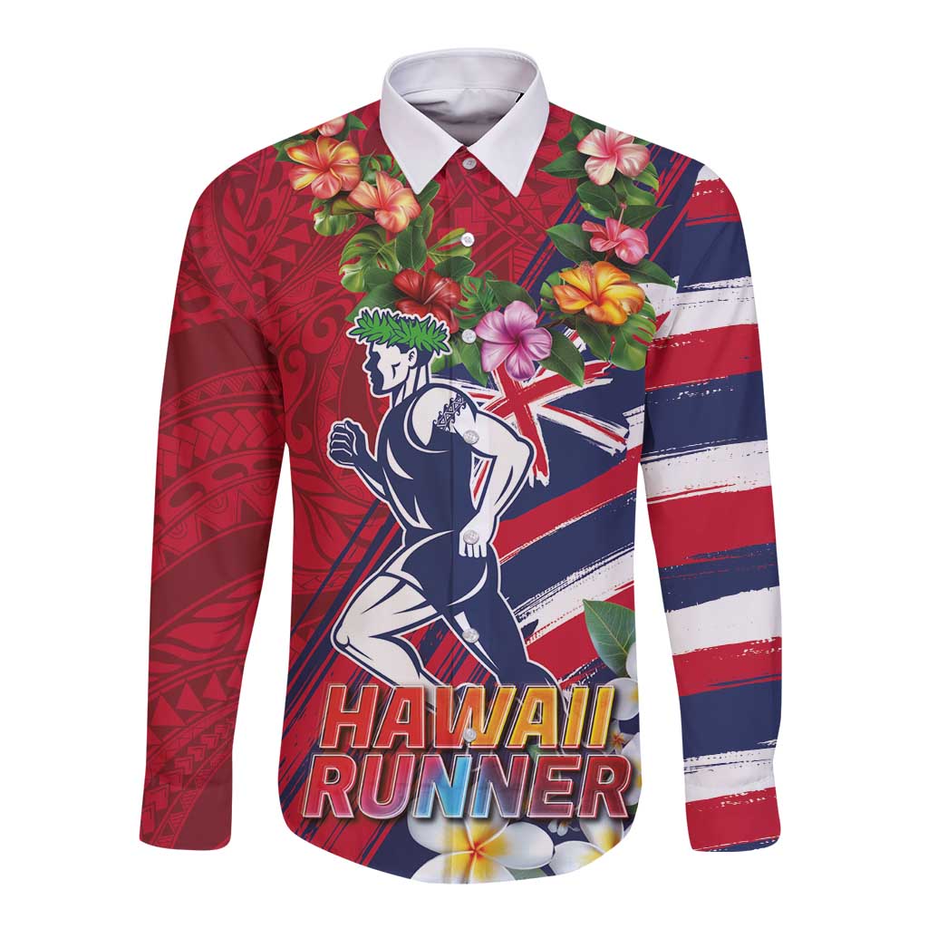 Hawaii Runner-Kakau Art with Lei and Plumeria Long Sleeve Button Shirt LT03 Unisex Red-Blue - Polynesian Pride