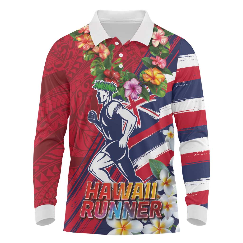 Hawaii Runner-Kakau Art with Lei and Plumeria Long Sleeve Polo Shirt