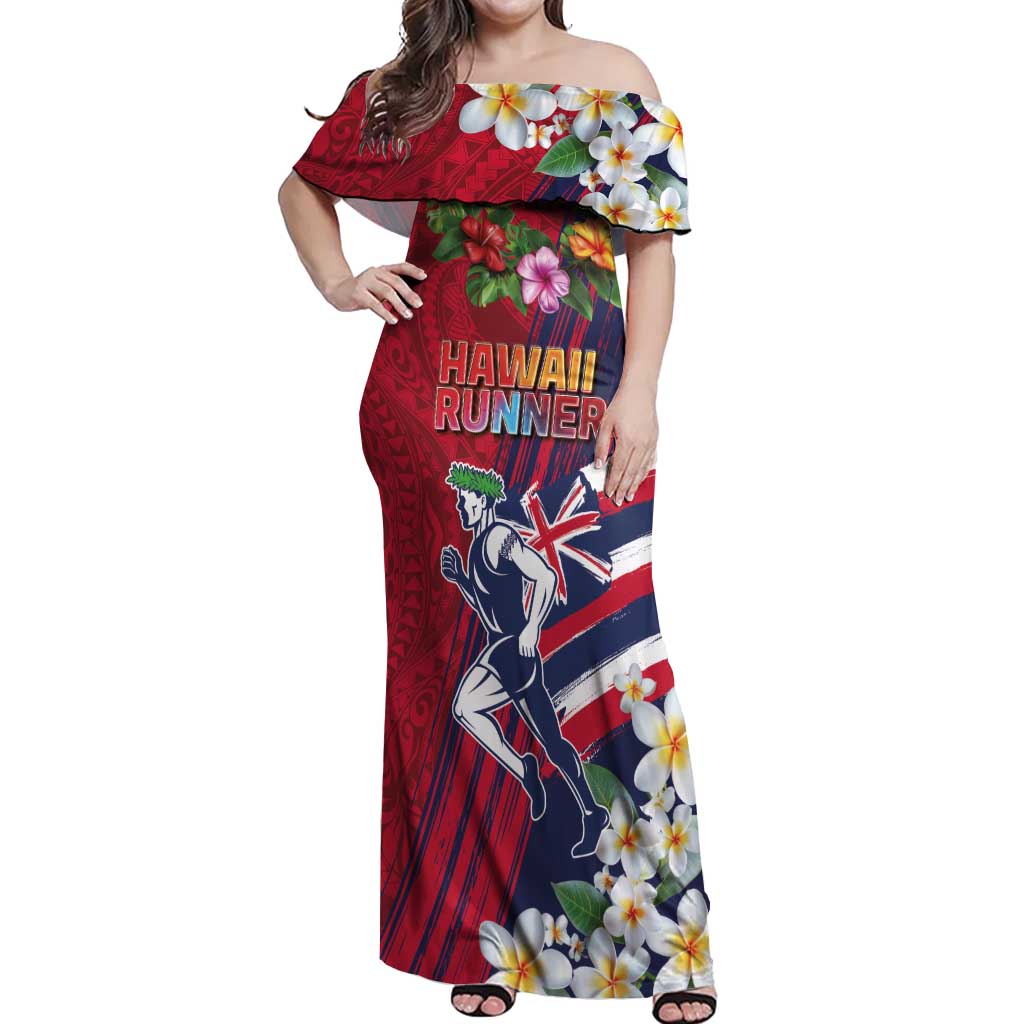 Hawaii Runner-Kakau Art with Lei and Plumeria Off Shoulder Maxi Dress LT03 Women Red-Blue - Polynesian Pride