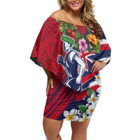Hawaii Runner-Kakau Art with Lei and Plumeria Off Shoulder Short Dress LT03 Women Red-Blue - Polynesian Pride