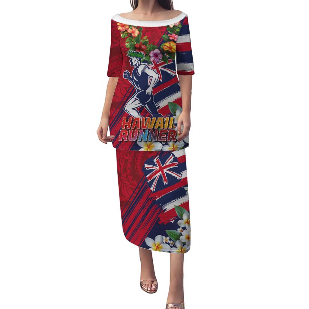 Hawaii Runner-Kakau Art with Lei and Plumeria Puletasi LT03 Long Dress Red-Blue - Polynesian Pride