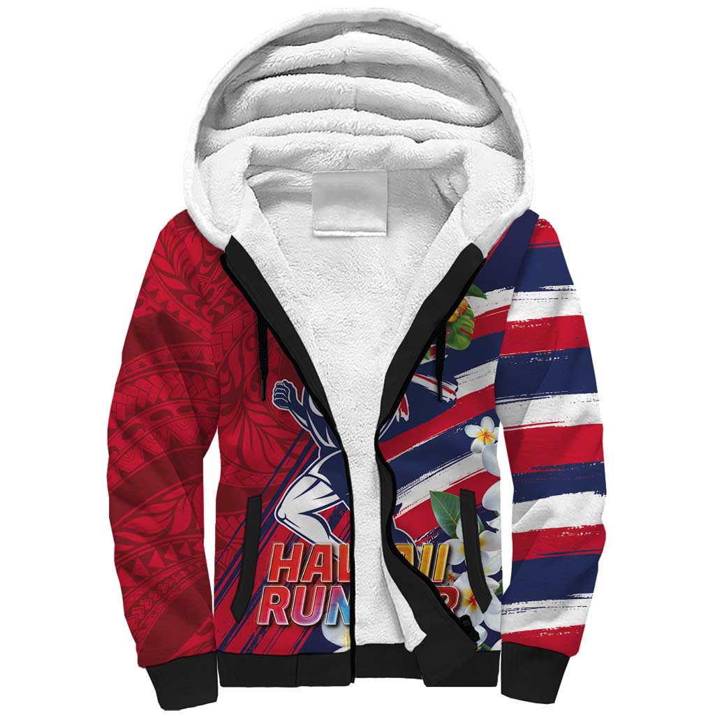 Hawaii Runner-Kakau Art with Lei and Plumeria Sherpa Hoodie LT03 Unisex Red-Blue - Polynesian Pride
