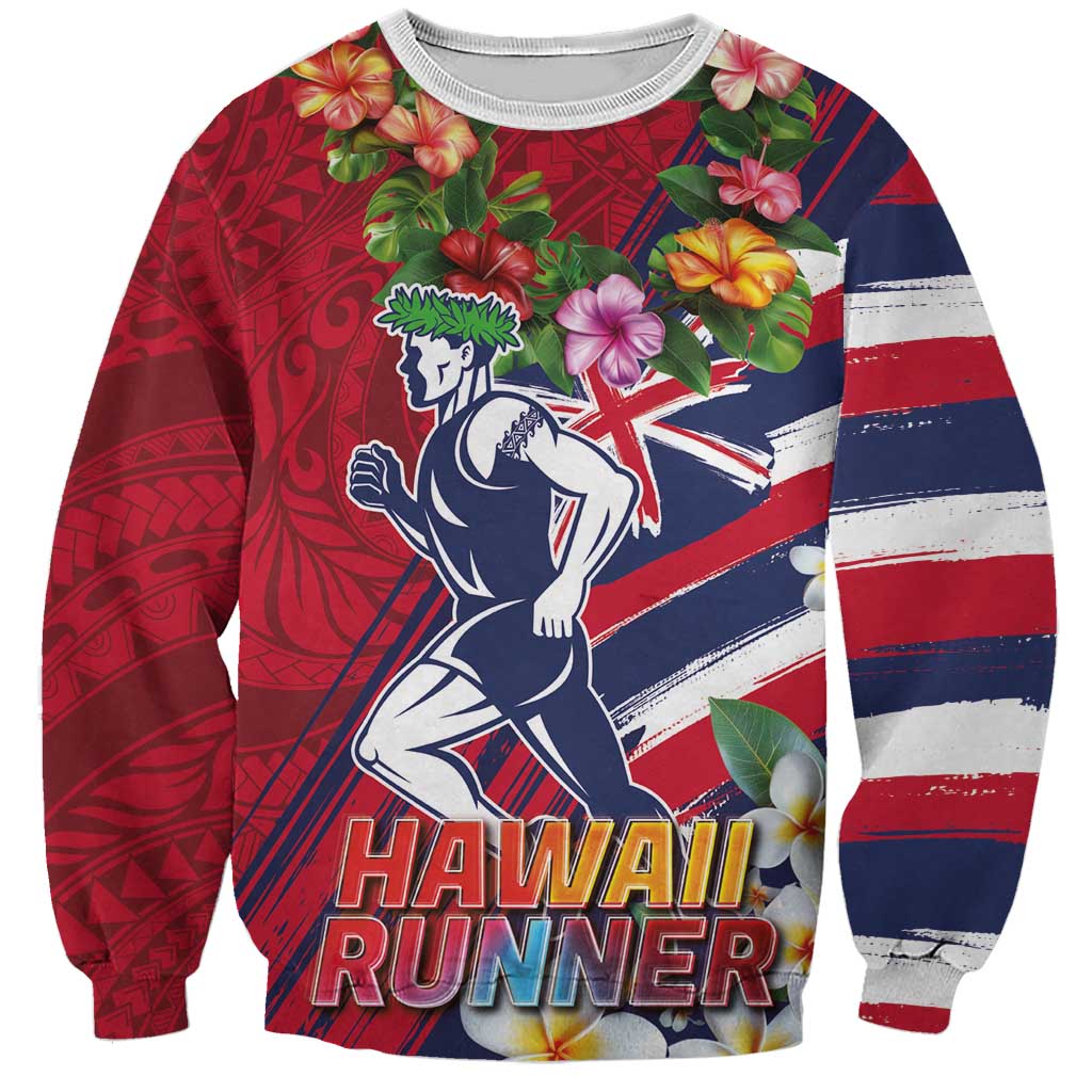 Hawaii Runner-Kakau Art with Lei and Plumeria Sweatshirt LT03 Unisex Red-Blue - Polynesian Pride