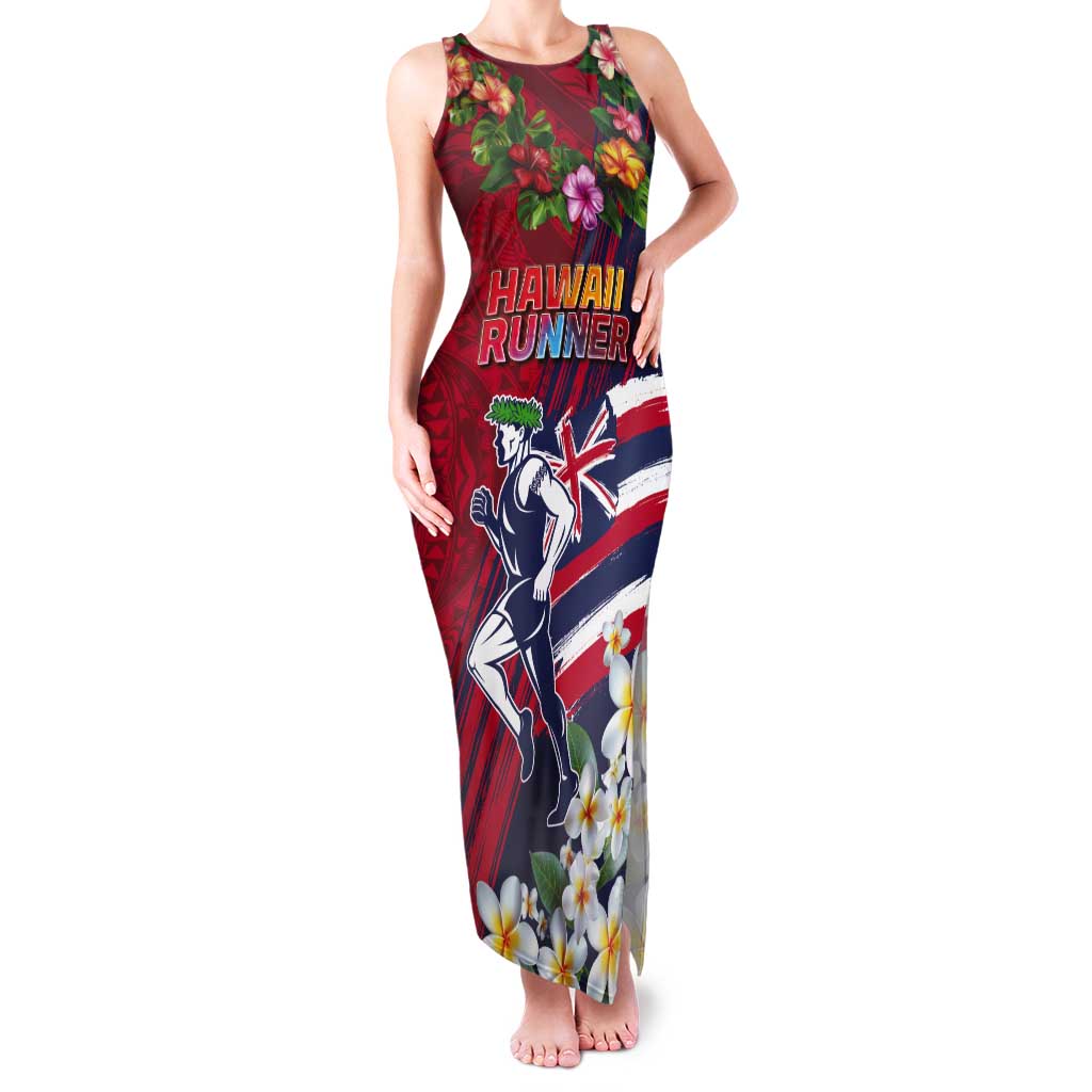 Hawaii Runner-Kakau Art with Lei and Plumeria Tank Maxi Dress LT03 Women Red-Blue - Polynesian Pride