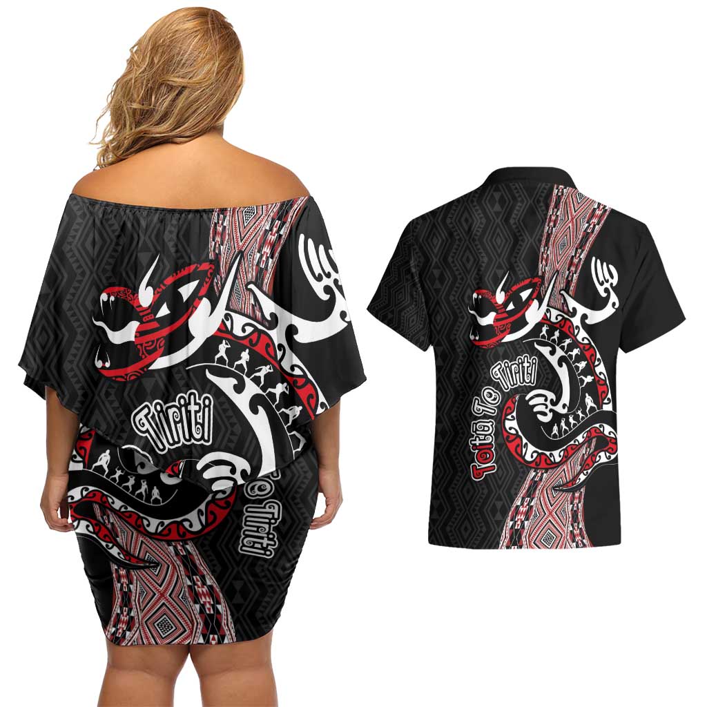 Aotearoa Toitu Te Tiriti Taniko Couples Matching Off Shoulder Short Dress and Hawaiian Shirt Maori Taniwha Haka - Honour the Treaty