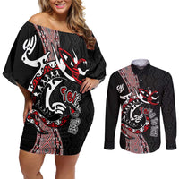Aotearoa Toitu Te Tiriti Taniko Couples Matching Off Shoulder Short Dress and Long Sleeve Button Shirt Maori Taniwha Haka - Honour the Treaty