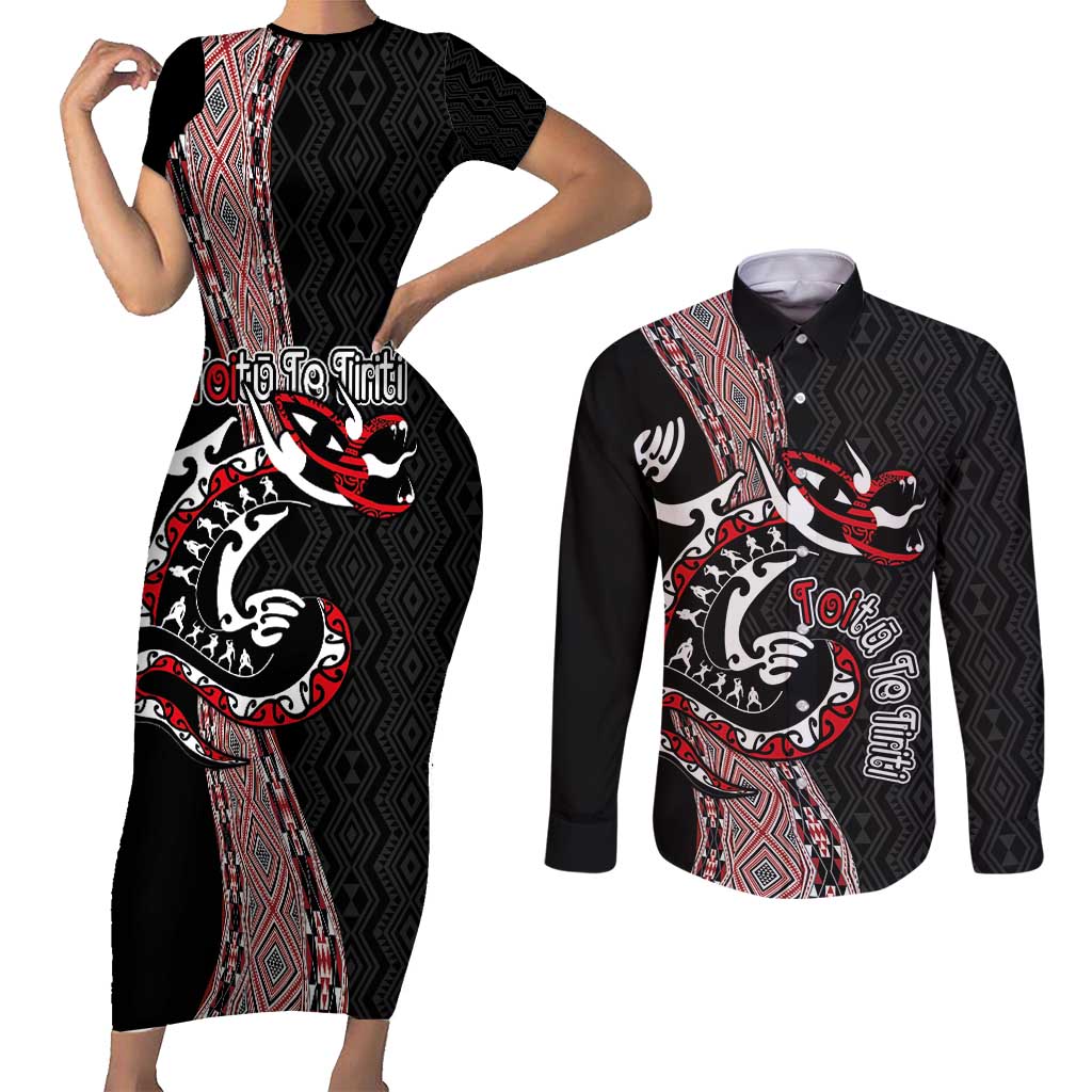 Aotearoa Toitu Te Tiriti Taniko Couples Matching Short Sleeve Bodycon Dress and Long Sleeve Button Shirt Maori Taniwha Haka - Honour the Treaty LT03 Black - Polynesian Pride