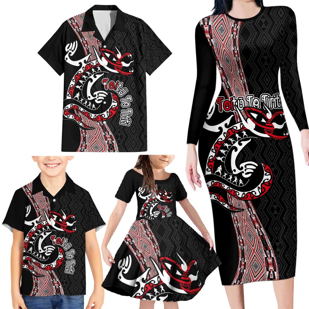 Aotearoa Toitu Te Tiriti Taniko Family Matching Long Sleeve Bodycon Dress and Hawaiian Shirt Maori Taniwha Haka - Honour the Treaty