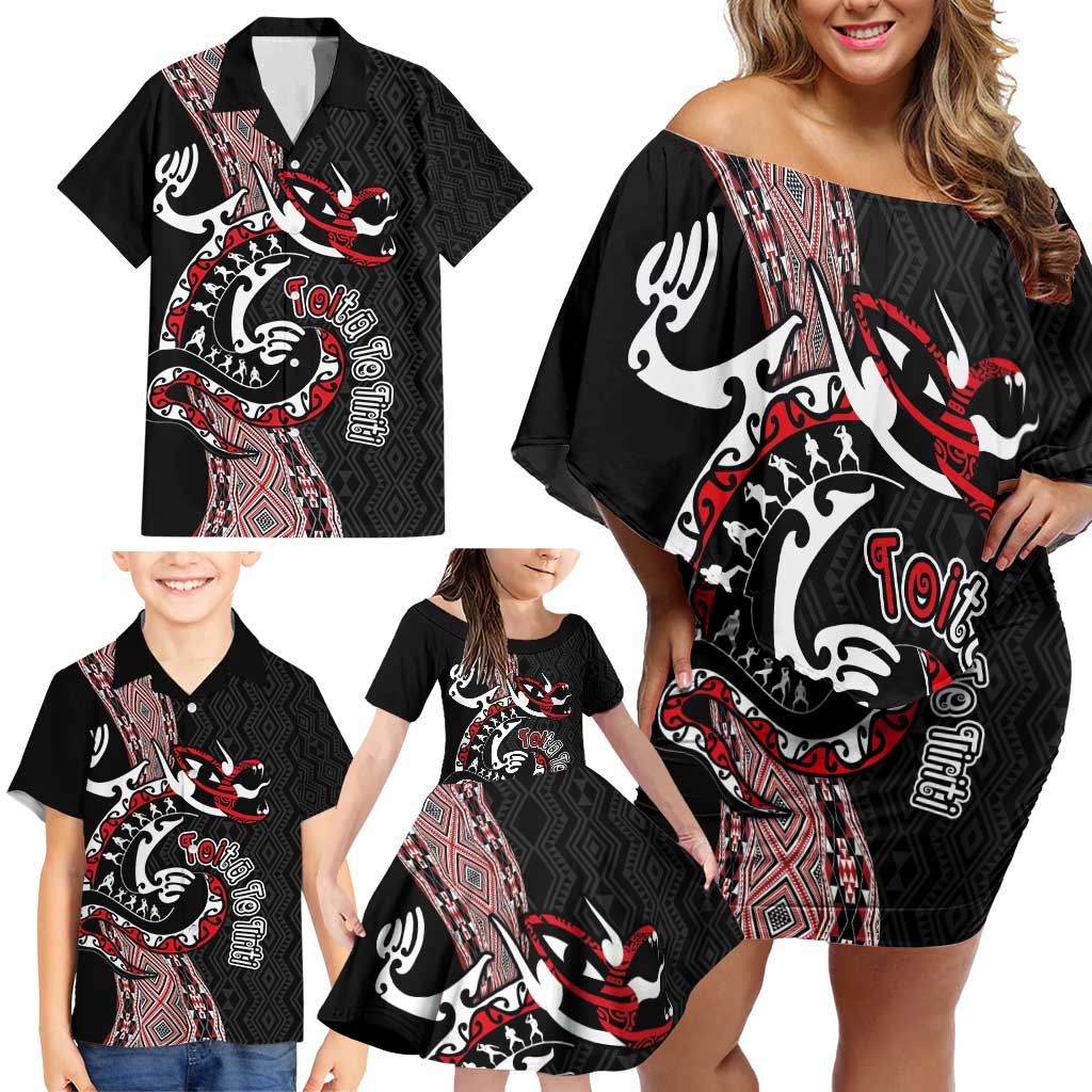 Aotearoa Toitu Te Tiriti Taniko Family Matching Off Shoulder Short Dress and Hawaiian Shirt Maori Taniwha Haka - Honour the Treaty