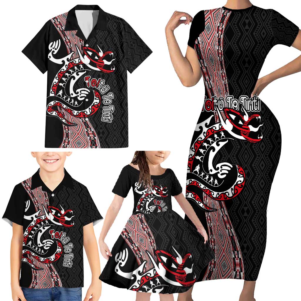 Aotearoa Toitu Te Tiriti Taniko Family Matching Short Sleeve Bodycon Dress and Hawaiian Shirt Maori Taniwha Haka - Honour the Treaty