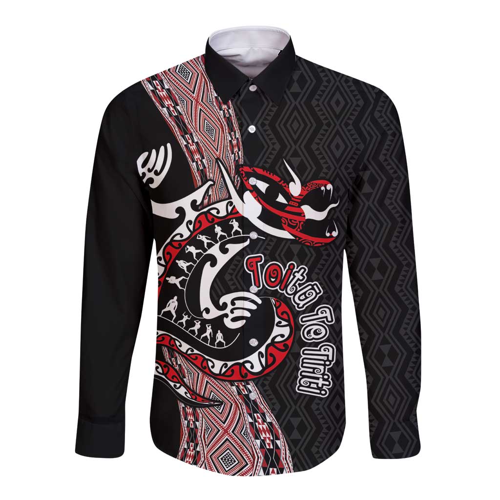 Aotearoa Toitu Te Tiriti Taniko Long Sleeve Button Shirt Maori Taniwha Haka - Honour the Treaty LT03 Unisex Black - Polynesian Pride