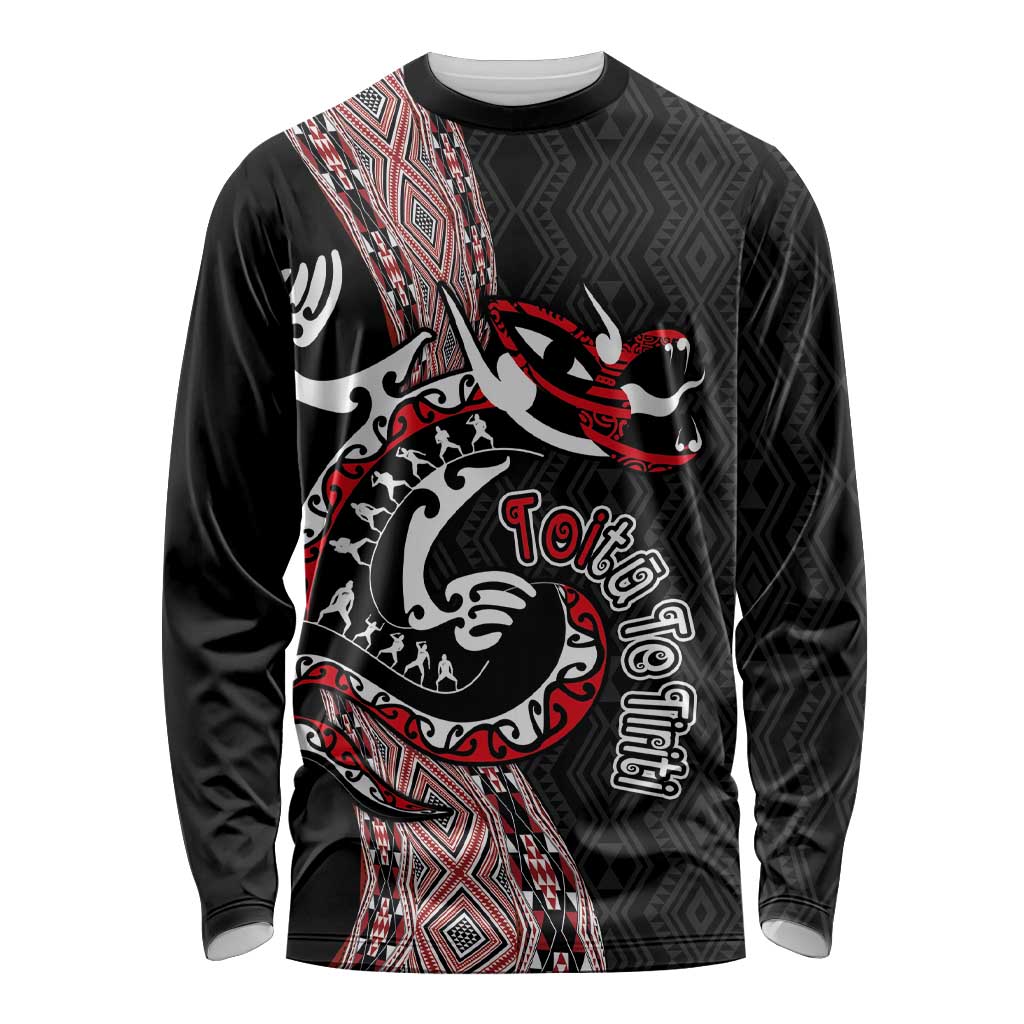 Aotearoa Toitu Te Tiriti Taniko Long Sleeve Shirt Maori Taniwha Haka - Honour the Treaty LT03 Unisex Black - Polynesian Pride