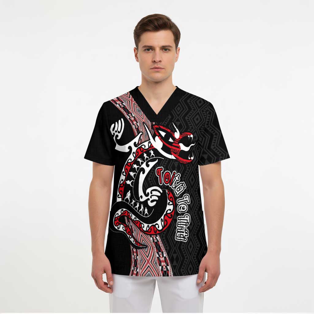 Aotearoa Toitu Te Tiriti Taniko Scrub Top Maori Taniwha Haka - Honour the Treaty - Polynesian Pride
