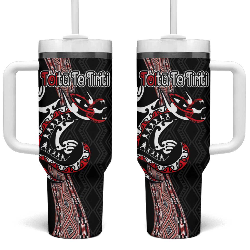 Aotearoa Toitu Te Tiriti Taniko Tumbler With Handle Maori Taniwha Haka - Honour the Treaty LT03 One Size: 40 oz Black - Polynesian Pride