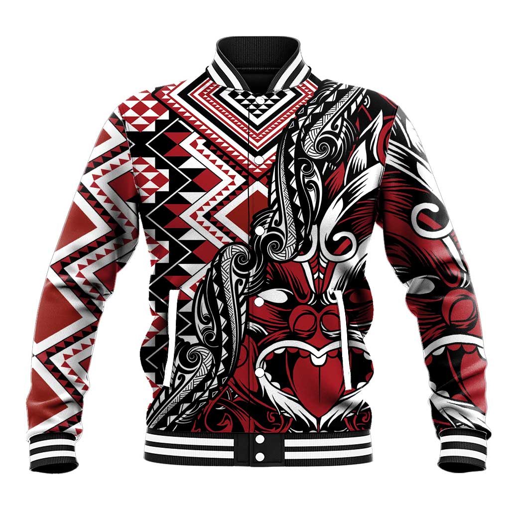 Aotearoa Maori Moko Art with Taniko Half Style Baseball Jacket LT03 Unisex Black - Polynesian Pride