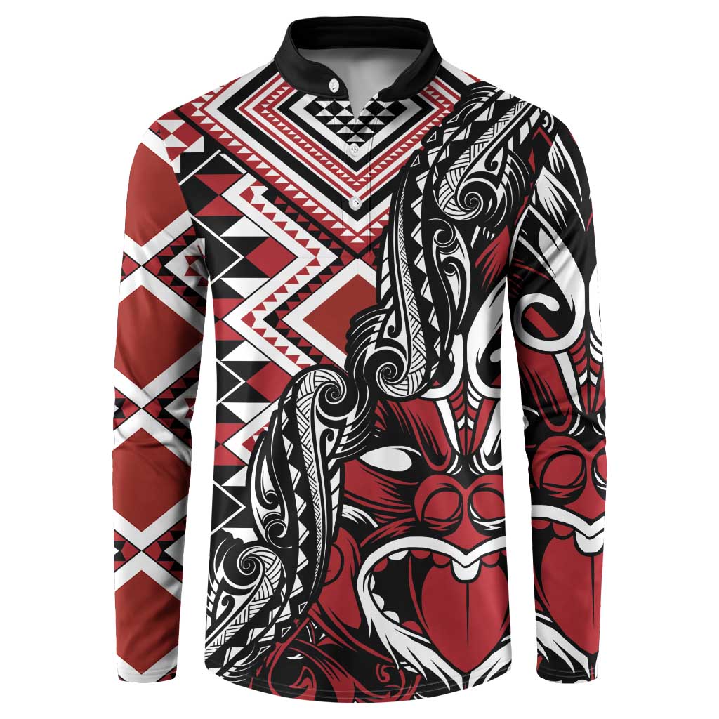 Aotearoa Maori Moko Art with Taniko Half Style Button Sweatshirt LT03 Black - Polynesian Pride