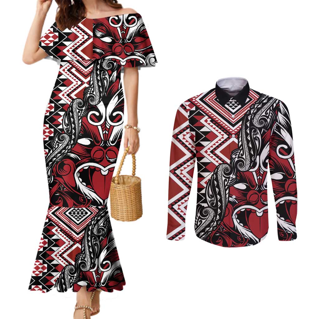 Aotearoa Maori Moko Art with Taniko Half Style Couples Matching Mermaid Dress and Long Sleeve Button Shirt LT03 Black - Polynesian Pride