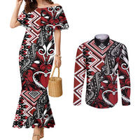 Aotearoa Maori Moko Art with Taniko Half Style Couples Matching Mermaid Dress and Long Sleeve Button Shirt LT03 Black - Polynesian Pride
