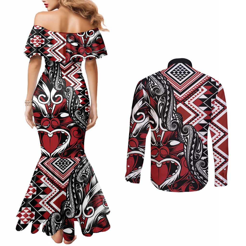 Aotearoa Maori Moko Art with Taniko Half Style Couples Matching Mermaid Dress and Long Sleeve Button Shirt LT03 - Polynesian Pride
