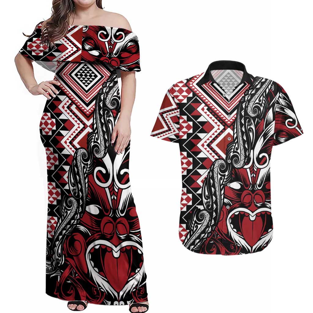 Aotearoa Maori Moko Art with Taniko Half Style Couples Matching Off Shoulder Maxi Dress and Hawaiian Shirt LT03 Black - Polynesian Pride