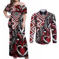 Aotearoa Maori Moko Art with Taniko Half Style Couples Matching Off Shoulder Maxi Dress and Long Sleeve Button Shirt LT03 Black - Polynesian Pride