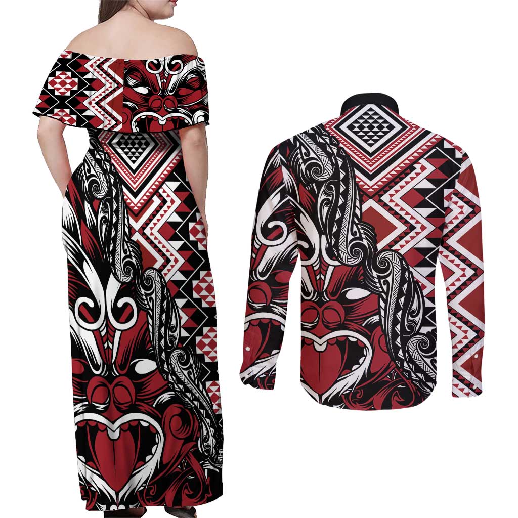Aotearoa Maori Moko Art with Taniko Half Style Couples Matching Off Shoulder Maxi Dress and Long Sleeve Button Shirt LT03 - Polynesian Pride