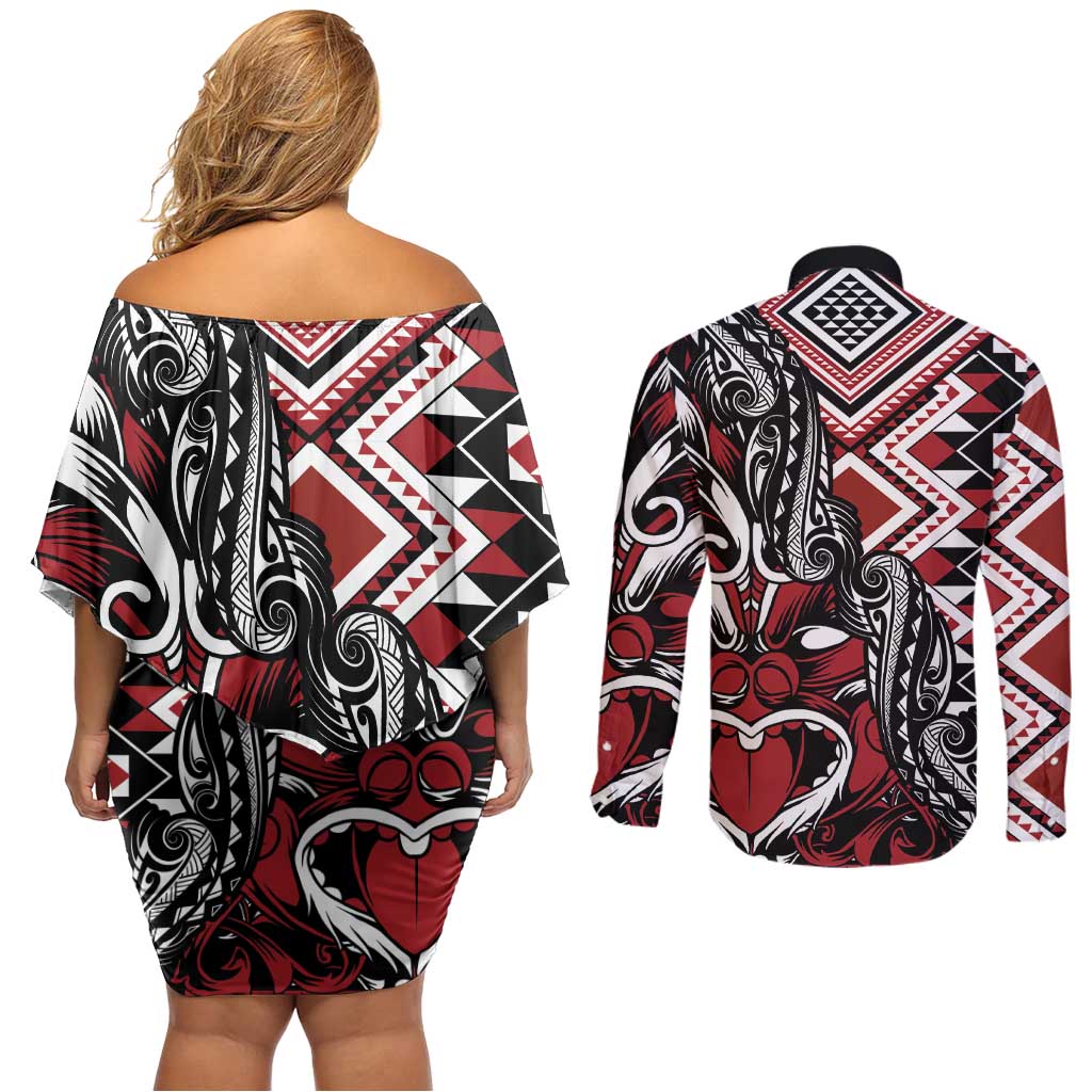Aotearoa Maori Moko Art with Taniko Half Style Couples Matching Off Shoulder Short Dress and Long Sleeve Button Shirt LT03 - Polynesian Pride