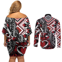 Aotearoa Maori Moko Art with Taniko Half Style Couples Matching Off Shoulder Short Dress and Long Sleeve Button Shirt LT03 - Polynesian Pride