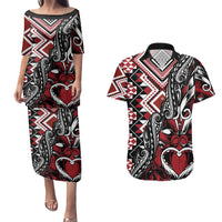 Aotearoa Maori Moko Art with Taniko Half Style Couples Matching Puletasi and Hawaiian Shirt LT03 Black - Polynesian Pride