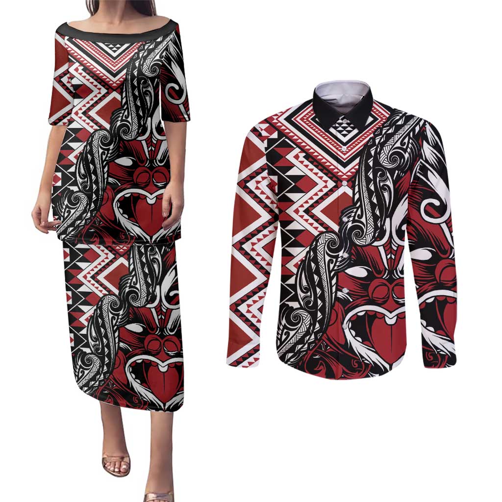 Aotearoa Maori Moko Art with Taniko Half Style Couples Matching Puletasi and Long Sleeve Button Shirt LT03 Black - Polynesian Pride