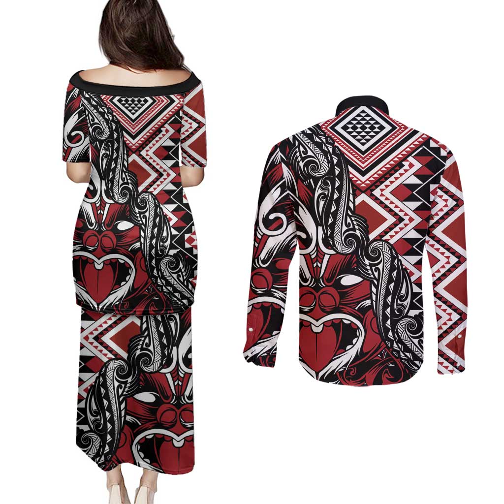 Aotearoa Maori Moko Art with Taniko Half Style Couples Matching Puletasi and Long Sleeve Button Shirt LT03 - Polynesian Pride