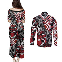 Aotearoa Maori Moko Art with Taniko Half Style Couples Matching Puletasi and Long Sleeve Button Shirt LT03 - Polynesian Pride