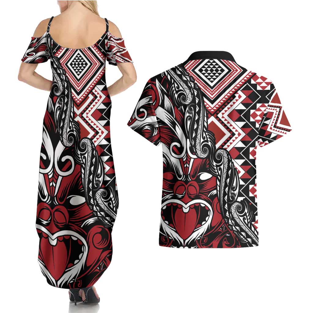 Aotearoa Maori Moko Art with Taniko Half Style Couples Matching Summer Maxi Dress and Hawaiian Shirt LT03 - Polynesian Pride