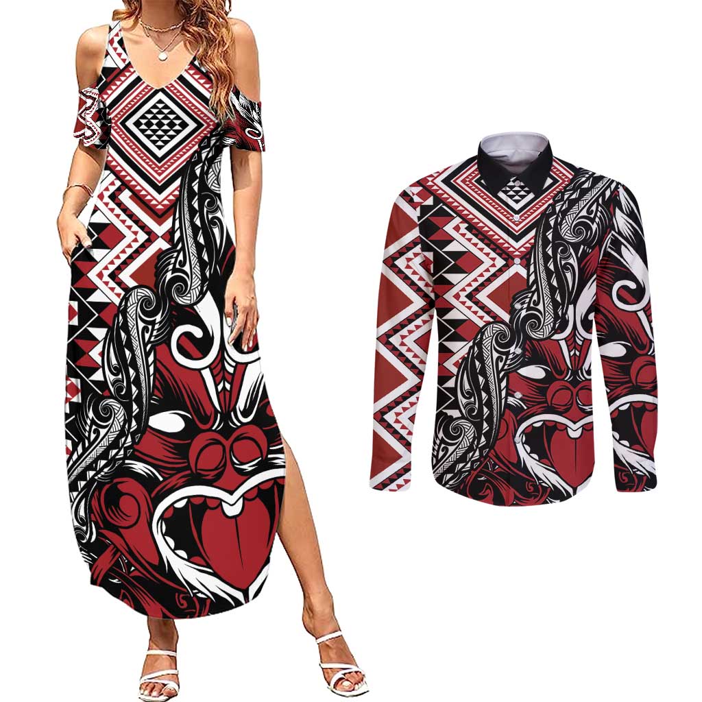 Aotearoa Maori Moko Art with Taniko Half Style Couples Matching Summer Maxi Dress and Long Sleeve Button Shirt LT03 Black - Polynesian Pride