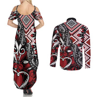 Aotearoa Maori Moko Art with Taniko Half Style Couples Matching Summer Maxi Dress and Long Sleeve Button Shirt LT03 - Polynesian Pride