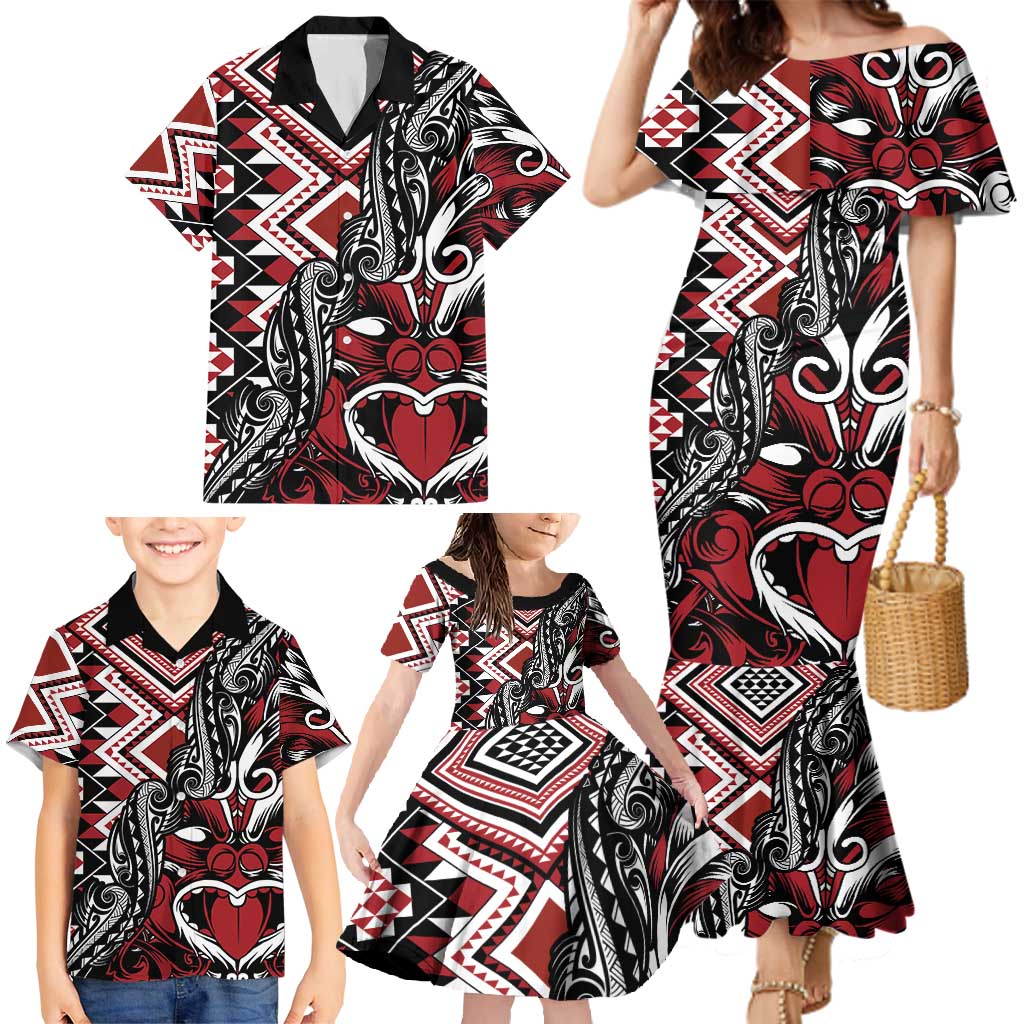 Aotearoa Maori Moko Art with Taniko Half Style Family Matching Mermaid Dress and Hawaiian Shirt