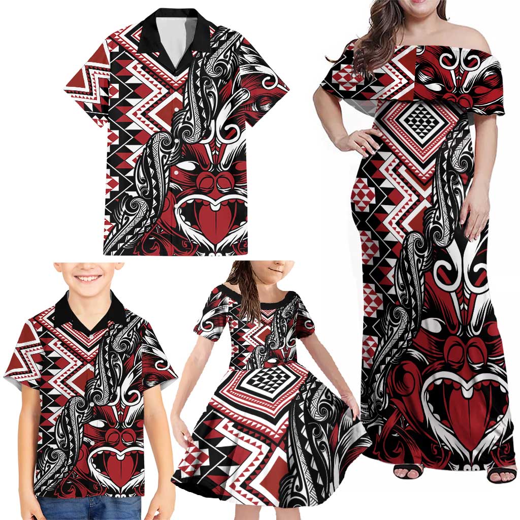 Aotearoa Maori Moko Art with Taniko Half Style Family Matching Off Shoulder Maxi Dress and Hawaiian Shirt