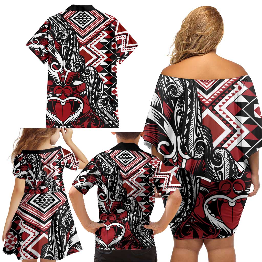 Aotearoa Maori Moko Art with Taniko Half Style Family Matching Off Shoulder Short Dress and Hawaiian Shirt