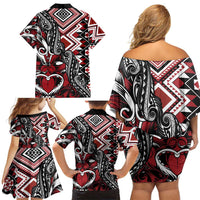 Aotearoa Maori Moko Art with Taniko Half Style Family Matching Off Shoulder Short Dress and Hawaiian Shirt