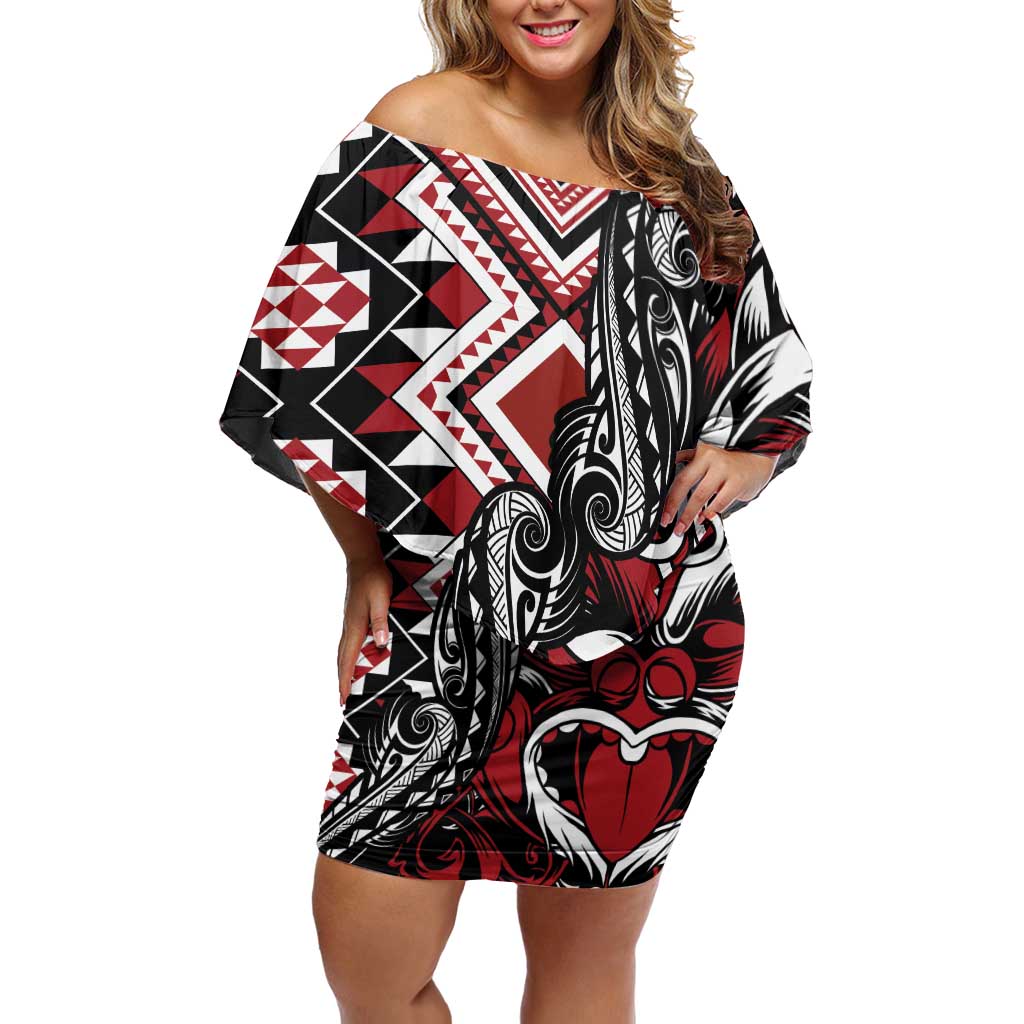 Aotearoa Maori Moko Art with Taniko Half Style Family Matching Off Shoulder Short Dress and Hawaiian Shirt