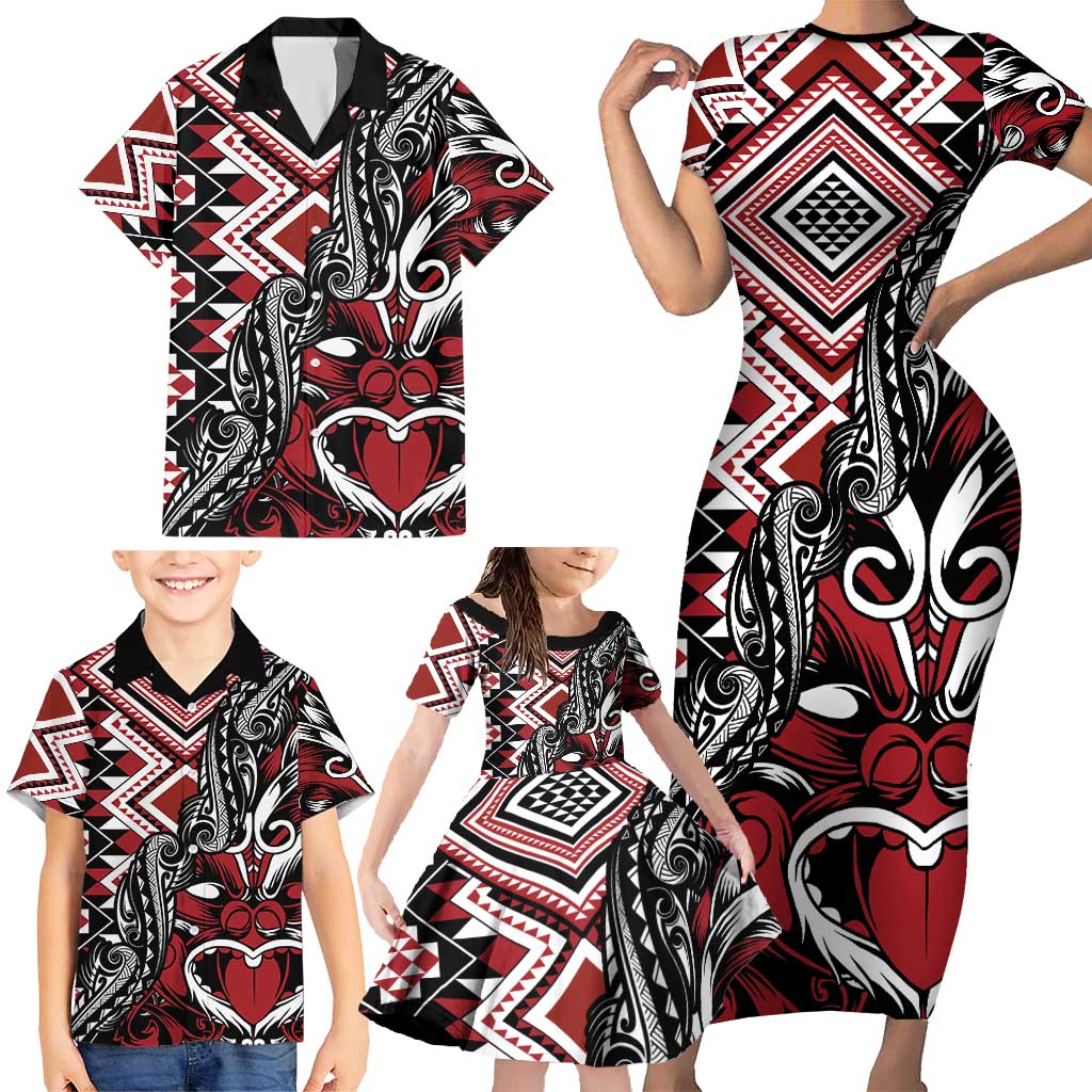 Aotearoa Maori Moko Art with Taniko Half Style Family Matching Short Sleeve Bodycon Dress and Hawaiian Shirt