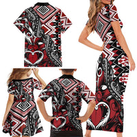 Aotearoa Maori Moko Art with Taniko Half Style Family Matching Short Sleeve Bodycon Dress and Hawaiian Shirt